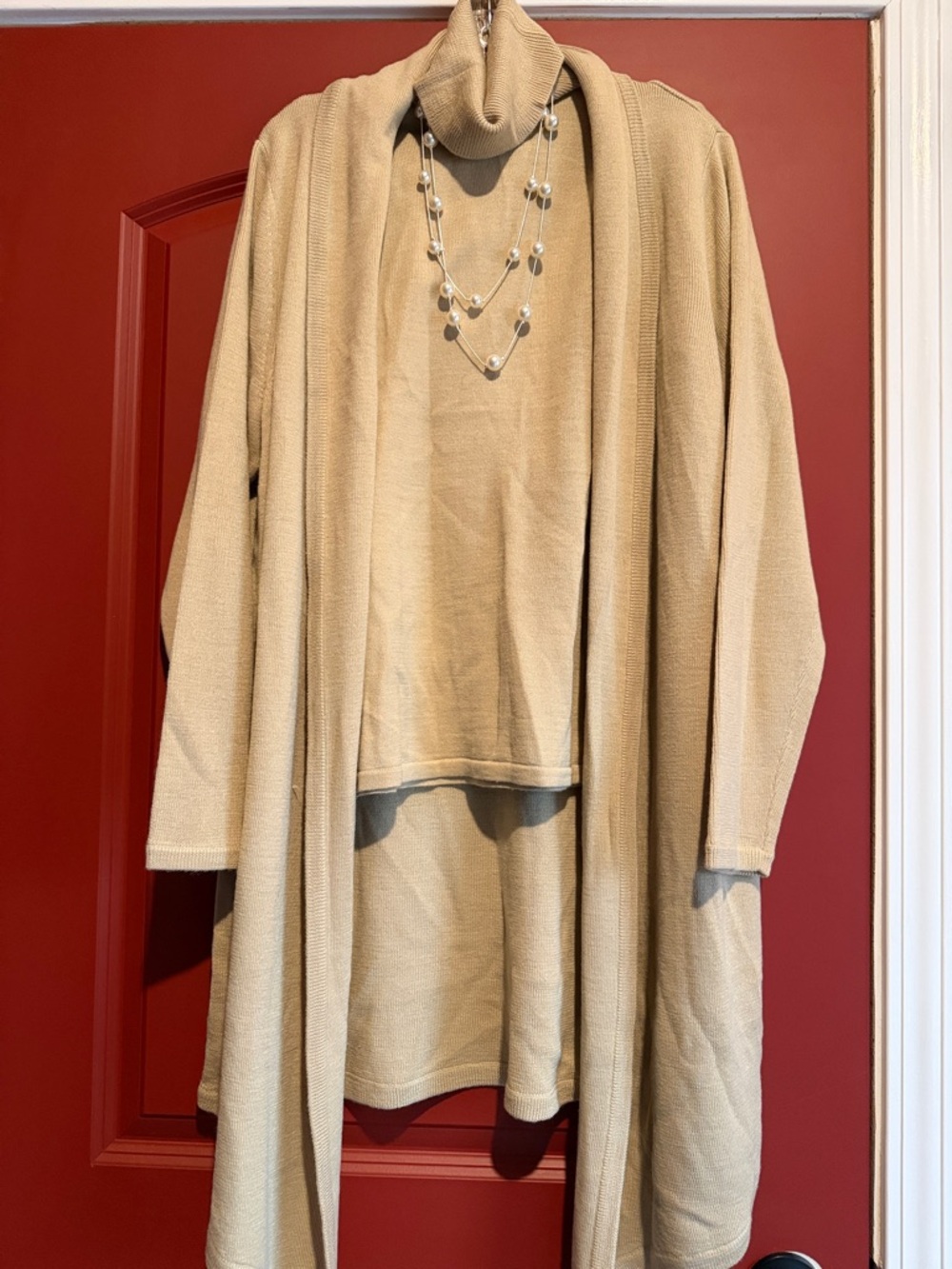 Dialogue Camel Open-Front Cardigan and Turtleneck Sweater Set - Picture 4 of 12